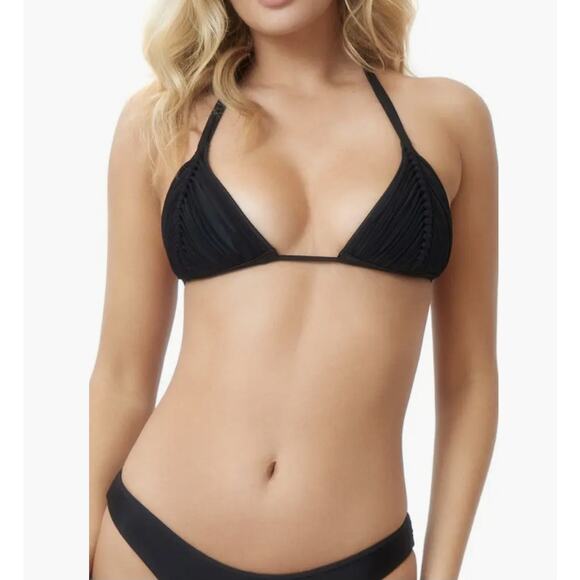 Pilyq S bottom M top bikini set isla knotted triangle  strappy fringe black sexy - Picture 1 of 10